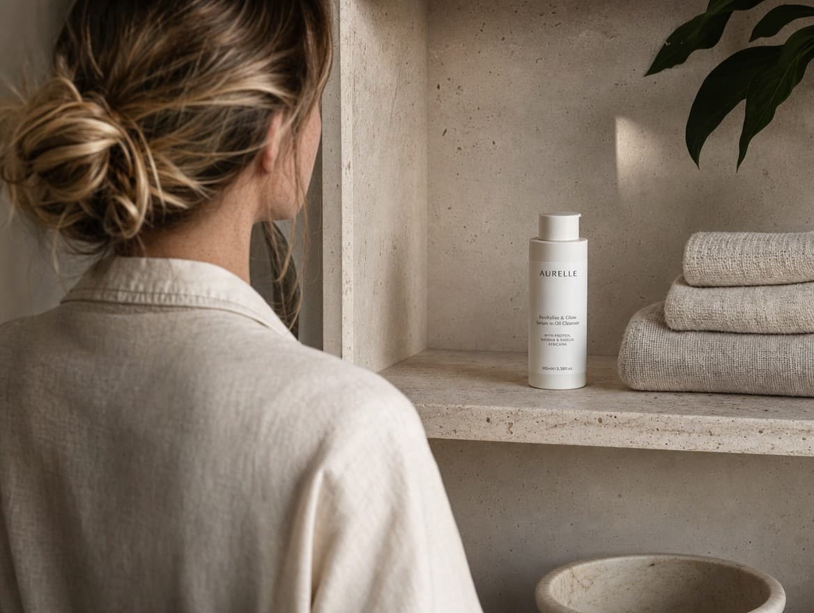 An Aurelle bottle on the bathroom shelf