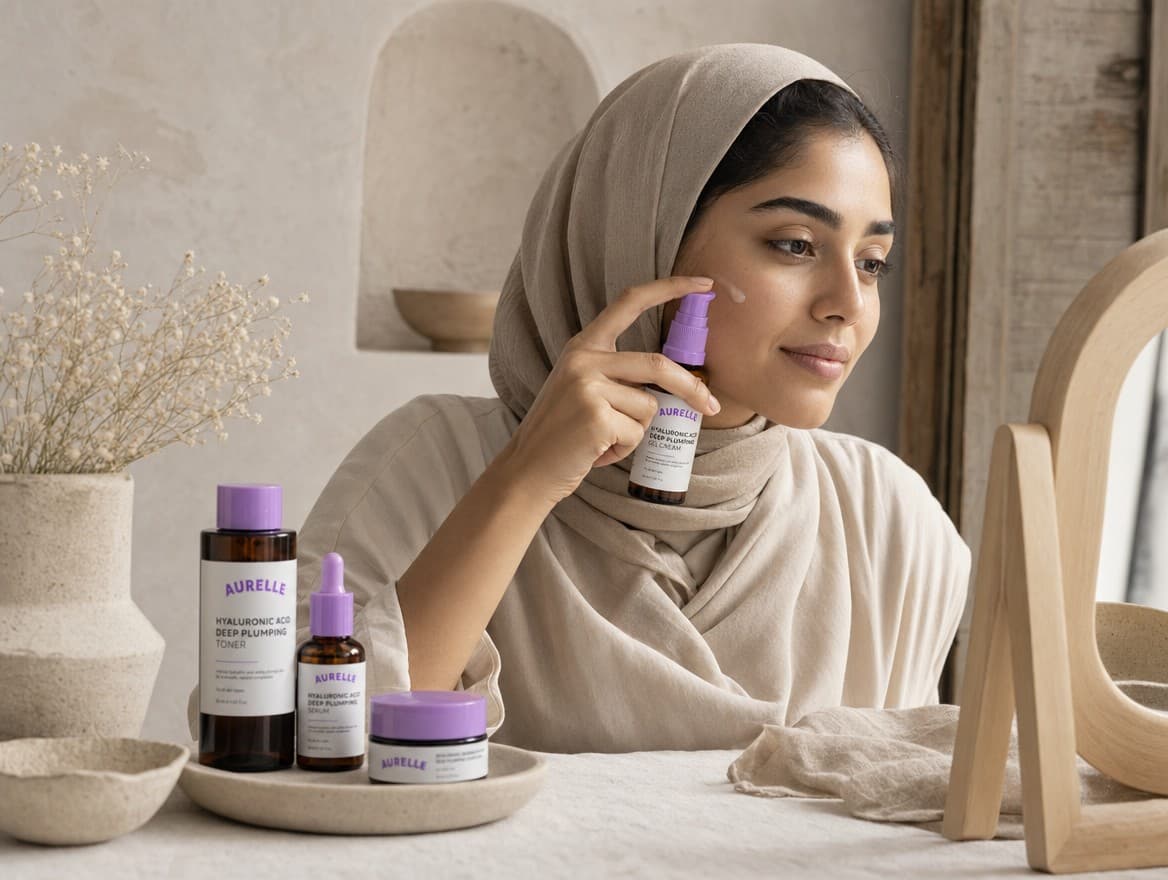 Aurelle serums arranged at the vanity
